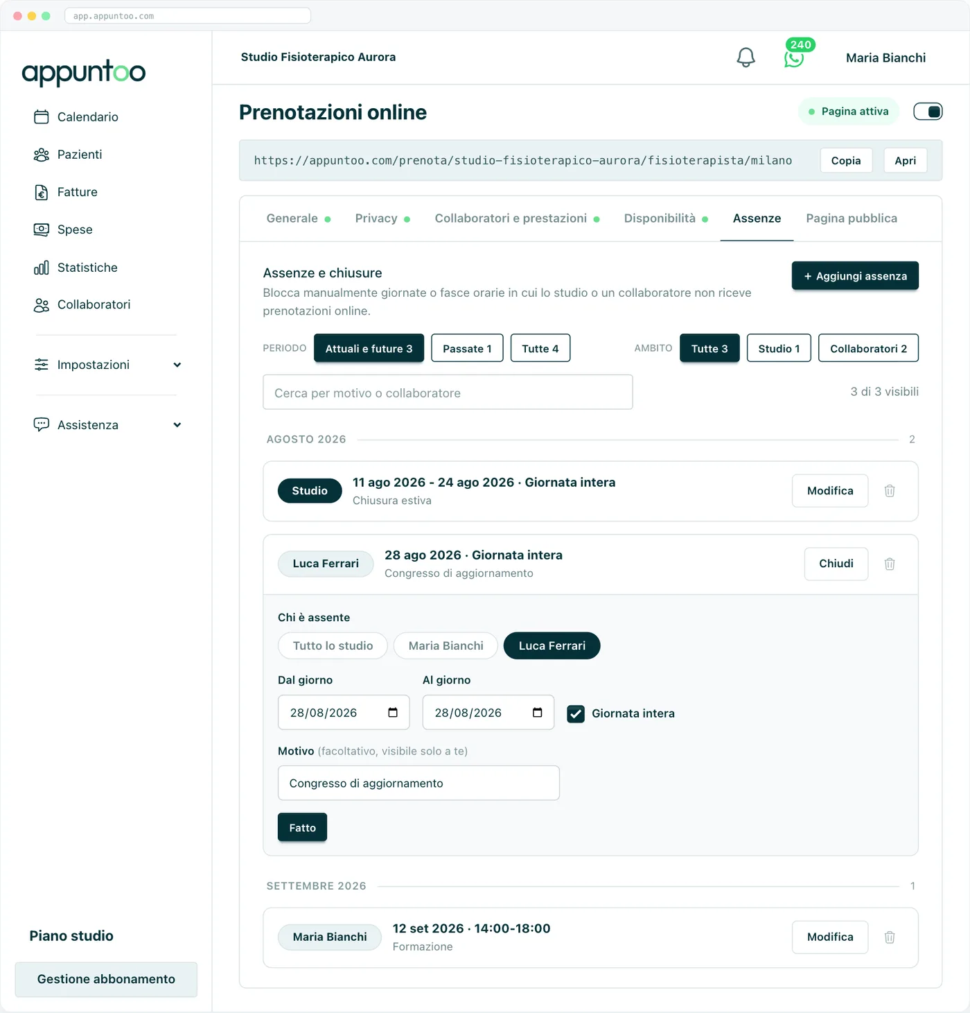 Appuntoo - Scheda Assenze delle prenotazioni online con chiusura estiva dello studio, congresso di un collaboratore e assenza parziale di un pomeriggio