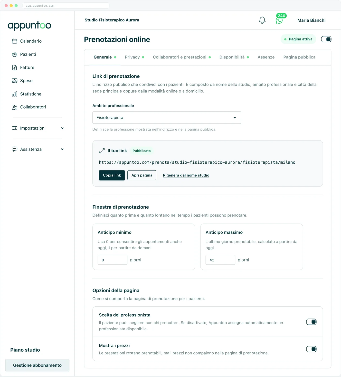 Appuntoo - Scheda Generale delle prenotazioni online con link pubblico, finestra di prenotazione con anticipo minimo e massimo e opzioni della pagina