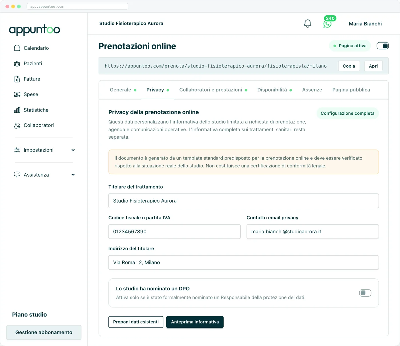 Appuntoo - Scheda Privacy delle prenotazioni online con titolare del trattamento, codice fiscale o partita IVA, email privacy, indirizzo, DPO e anteprima dell'informativa