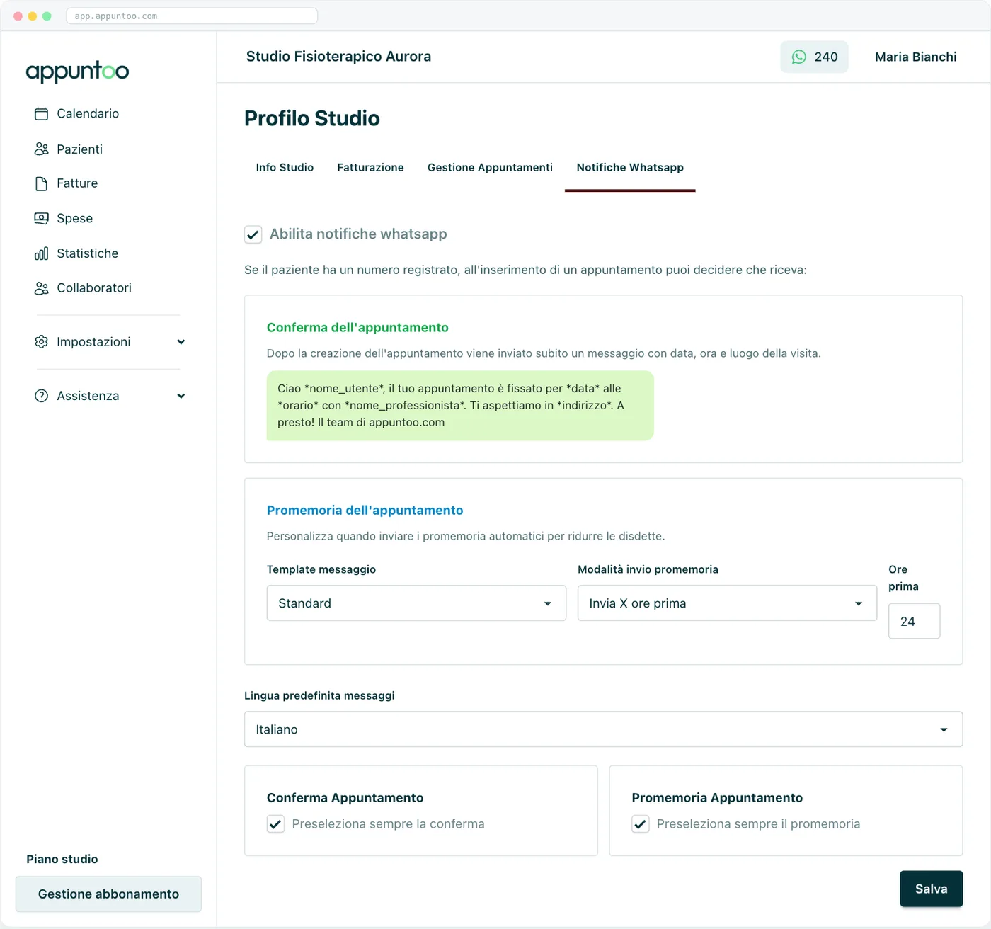 Impostazioni dei promemoria WhatsApp automatici in Appuntoo
