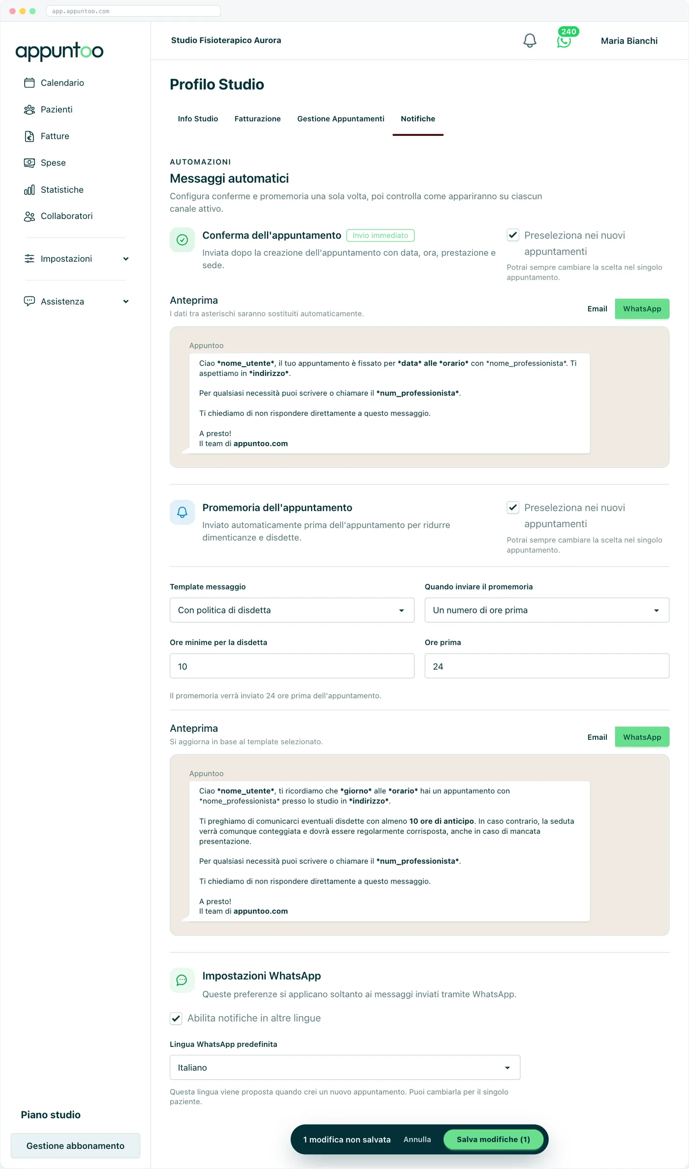 Appuntoo - Profilo studio, Messaggi automatici: anteprima WhatsApp della conferma e del promemoria con politica di disdetta, con i campi tra asterischi compilati in automatico