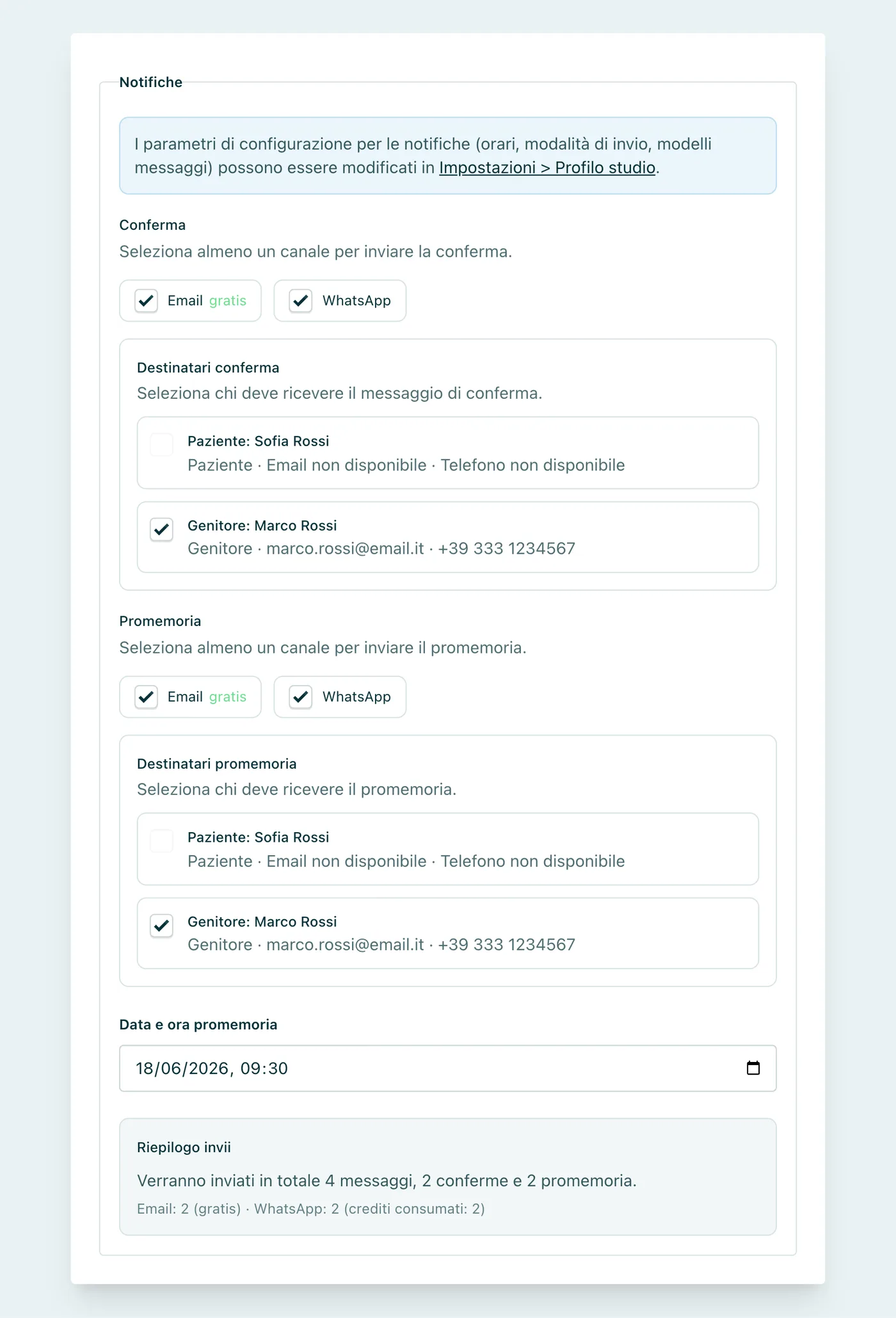 Appuntoo - Sezione Notifiche del nuovo appuntamento: canali Email e WhatsApp scelti separatamente per conferma e promemoria, destinatari tra paziente minorenne e genitore collegato, riepilogo degli invii
