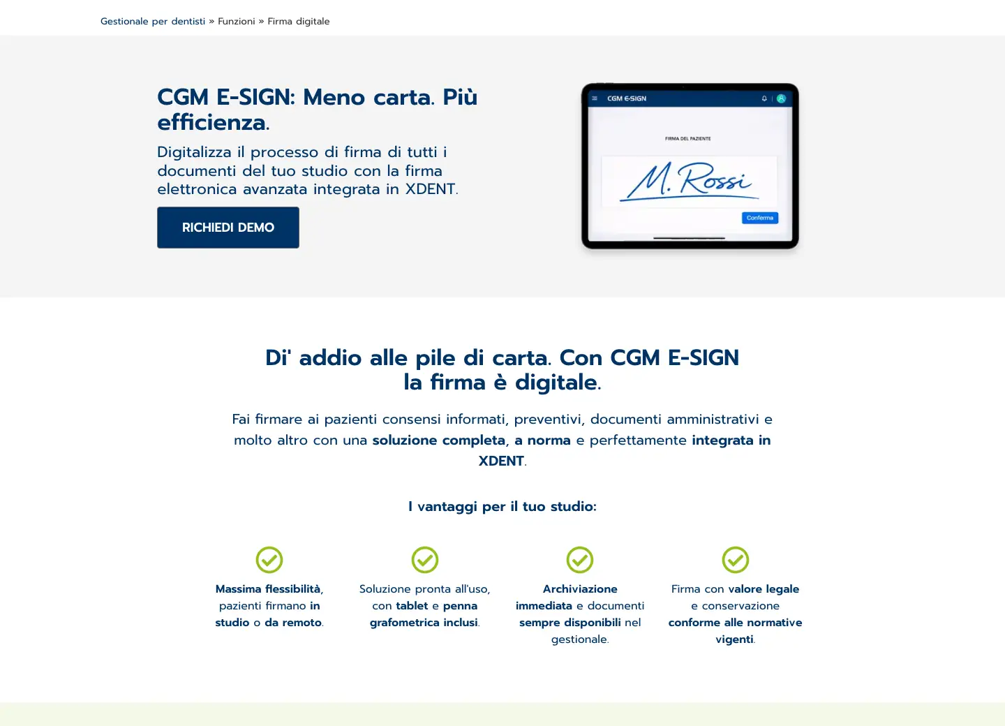Pagina di CGM E-SIGN, la firma elettronica avanzata integrata in XDENT, con tablet e penna grafometrica per la firma in studio