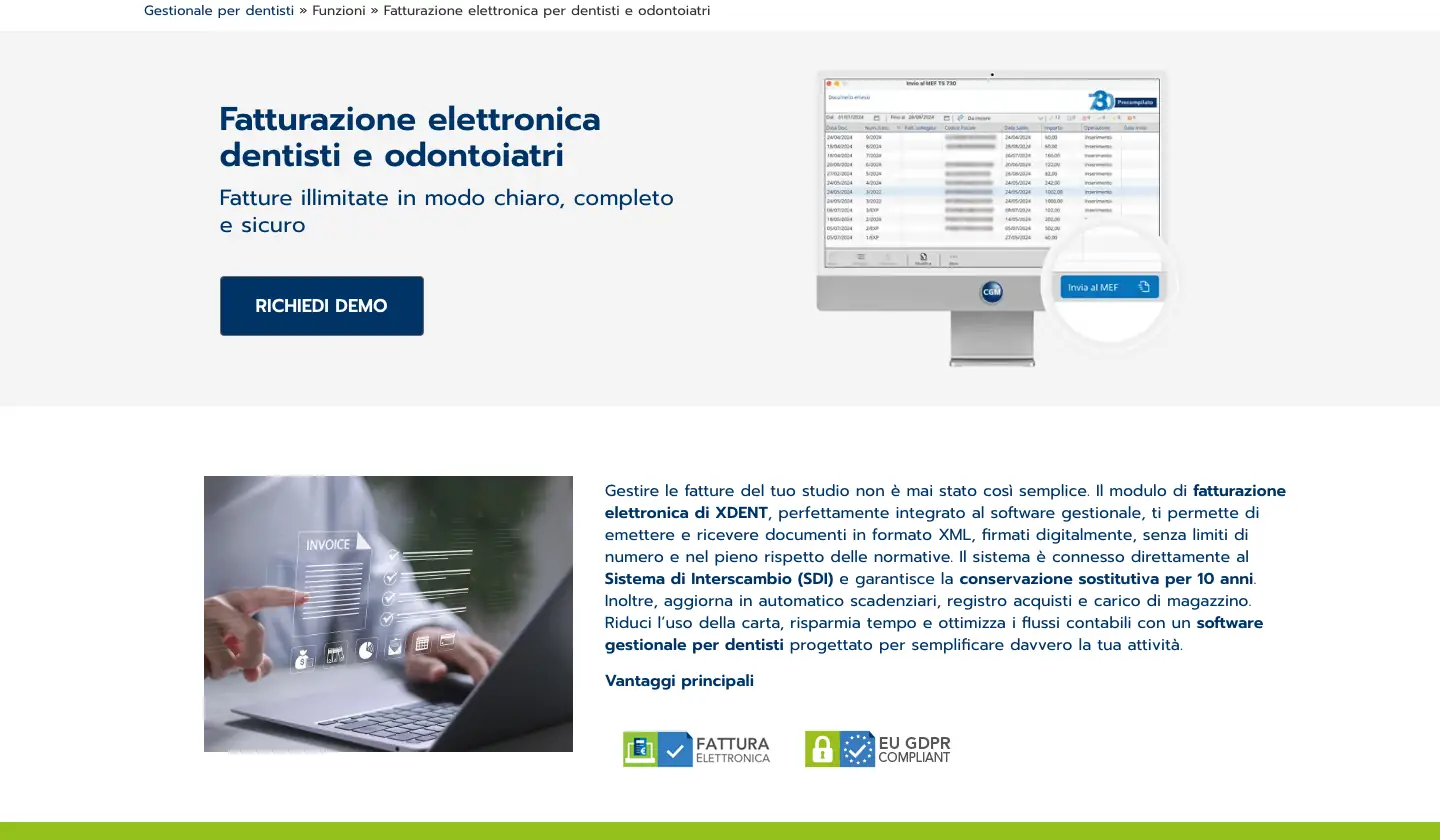Pagina di XDENT sulla fatturazione elettronica per dentisti, con la schermata di invio dei documenti al Sistema TS e il collegamento al Sistema di Interscambio