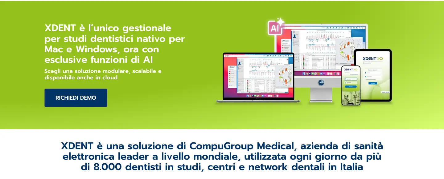 Homepage di XDENT con il messaggio «XDENT è l'unico gestionale per studi dentistici nativo per Mac e Windows, ora con esclusive funzioni di AI» e il riferimento a oltre 8.000 dentisti
