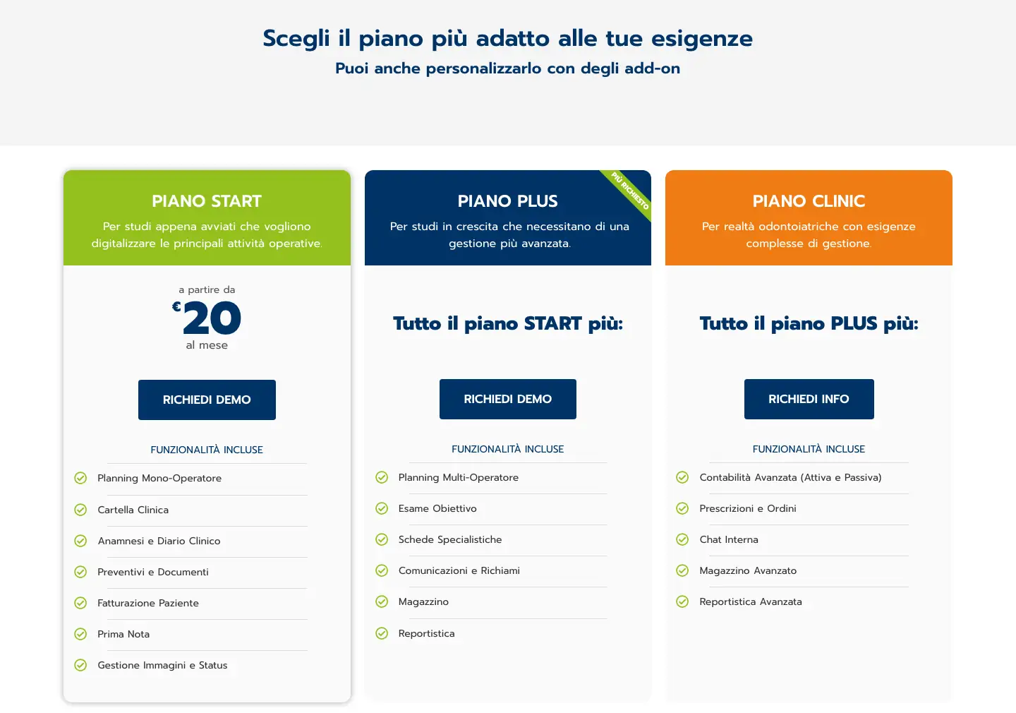 Pagina «Piani» di XDENT con i piani Start (a partire da 20 euro al mese), Plus e Clinic e le funzionalità incluse in ciascuno