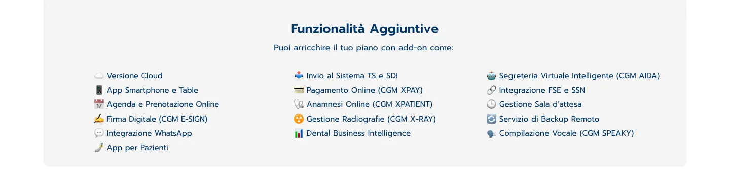 Elenco delle funzionalità aggiuntive di XDENT, tra cui versione cloud, prenotazione online, CGM E-SIGN, integrazione WhatsApp, invio al Sistema TS e SDI, CGM X-RAY, CGM AIDA e CGM SPEAKY