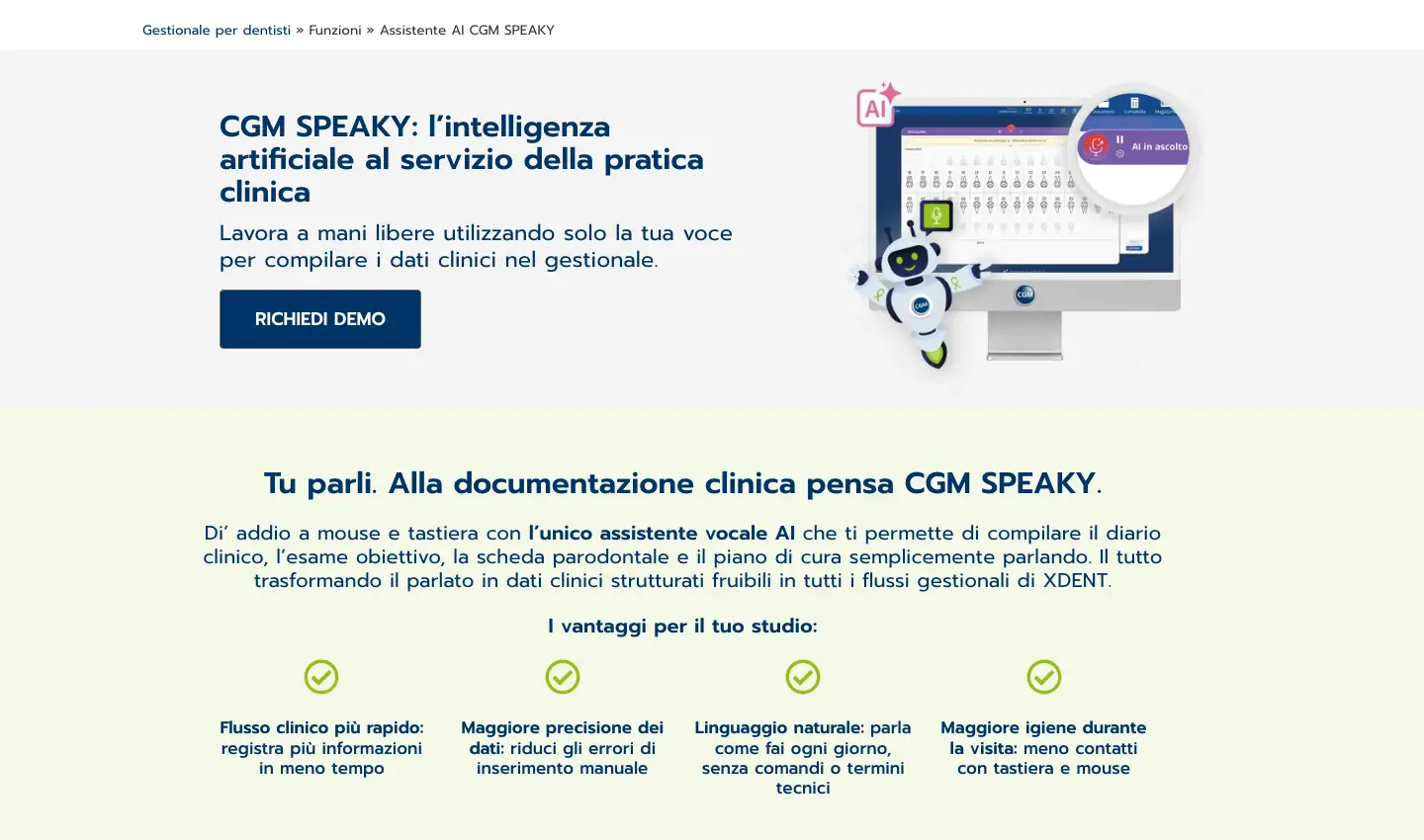 Pagina di CGM SPEAKY, l'assistente vocale di XDENT che compila diario clinico, esame obiettivo, scheda parodontale e piano di cura a voce