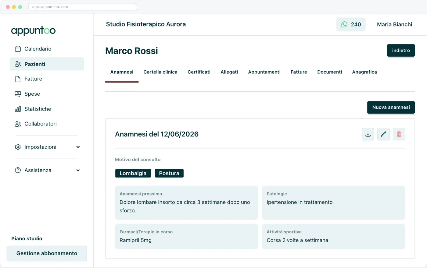 Scheda paziente · Anamnesi Una card per ogni anamnesi, con il motivo del consulto a chips e i campi del modello; in alto «Nuova anamnesi».