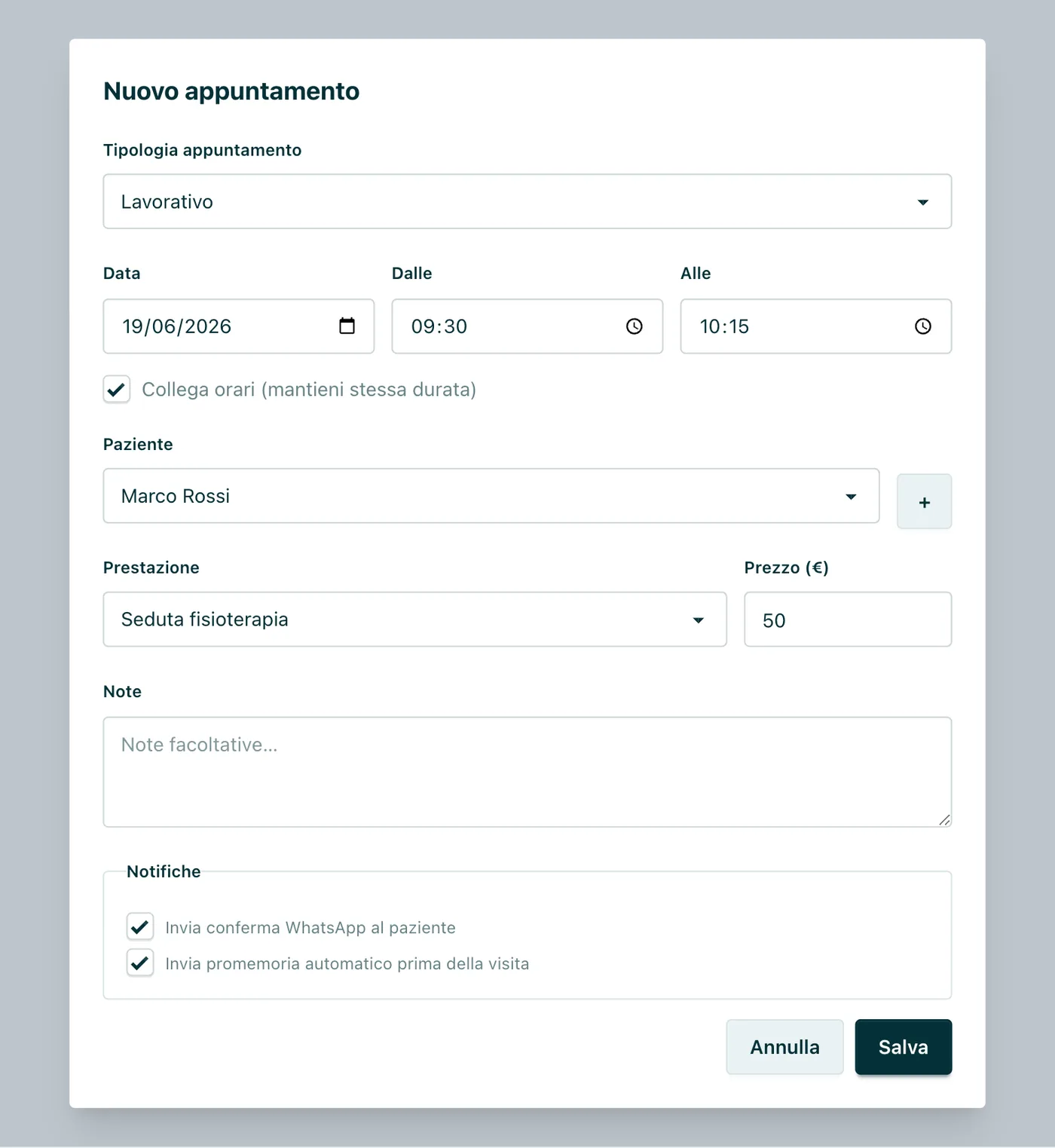 Finestra «Nuovo appuntamento» Tipologia, data e orari, paziente, professionista, stanza, prestazione, prezzo, colore e notifiche.