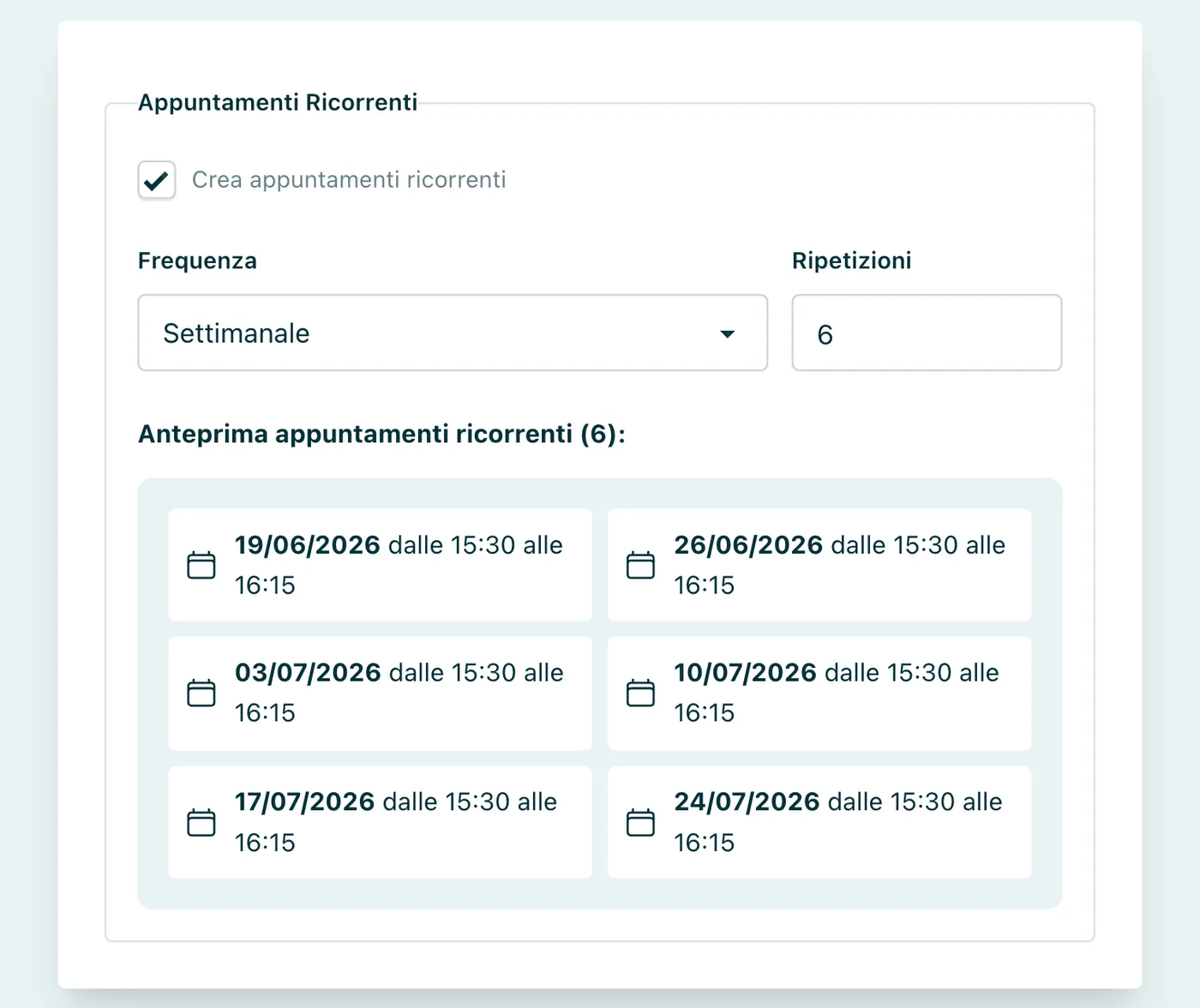 Appuntamenti ricorrenti Frequenza, numero di ripetizioni e anteprima delle date generate.