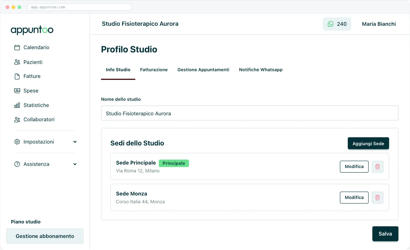 Profilo studio · Info Studio Nome dello studio e gestione delle sedi; una può essere la sede principale.