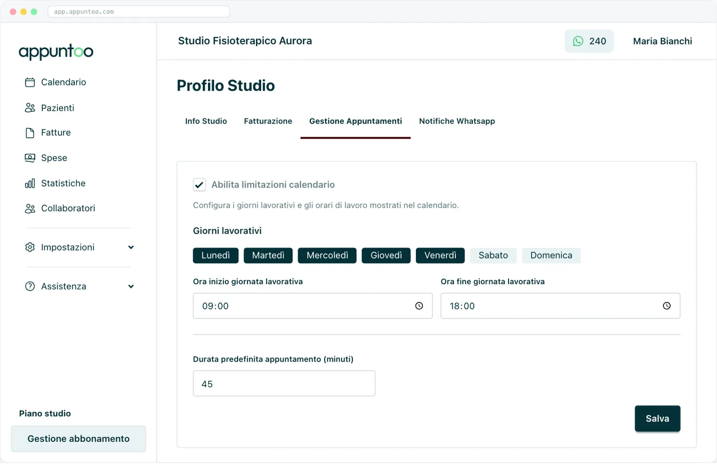 Profilo studio · Gestione Appuntamenti Giorni lavorativi, orari di apertura e durata predefinita dell'appuntamento.