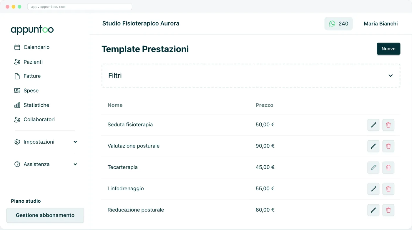 Impostazioni · Prestazioni Il listino con nome e prezzo; in modifica imposti anche durata e compenso.