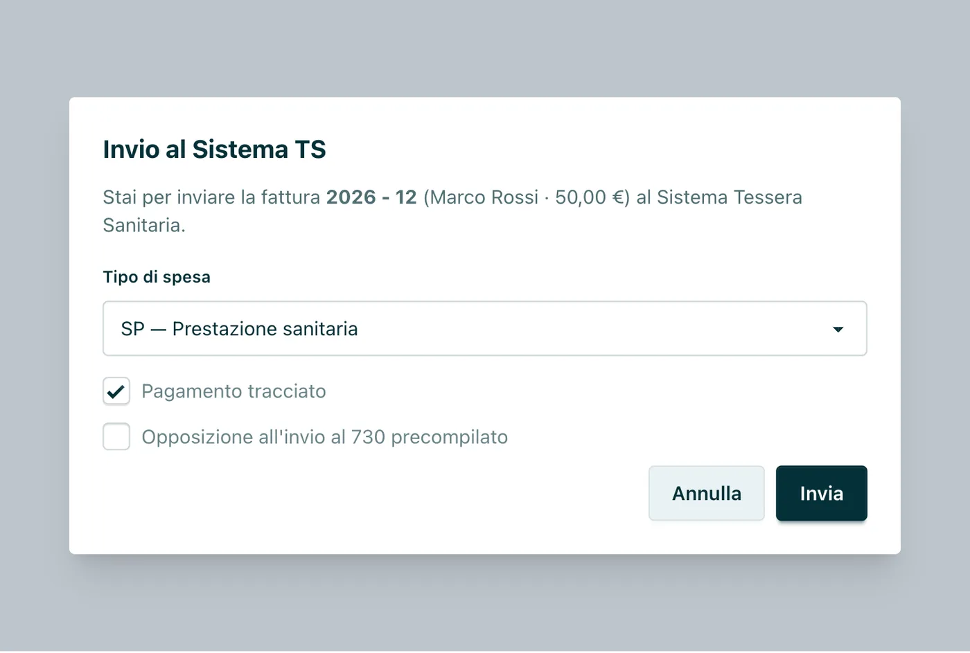 Invio al Sistema TS Tipo di spesa (predefinito SP) e Natura IVA prima della trasmissione.
