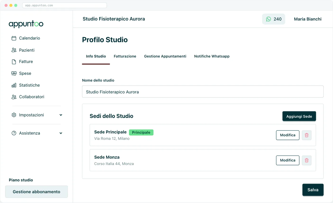 Info Studio Nome dello studio e gestione delle sedi, con il badge «Principale».