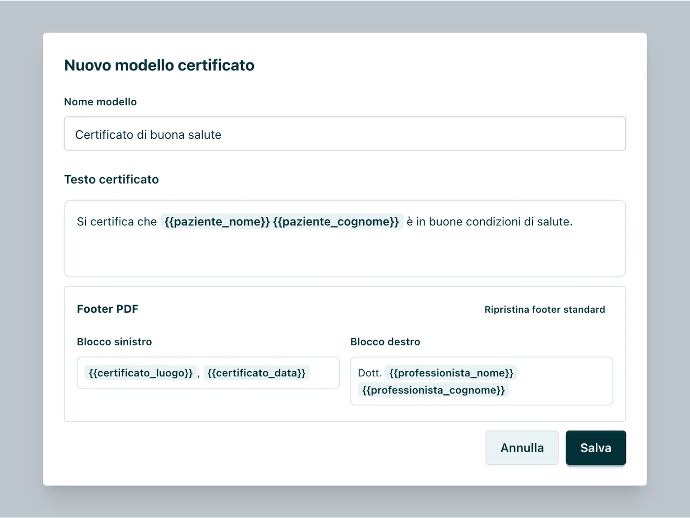 Modello di certificato Testo con segnaposto e footer del PDF su due blocchi.