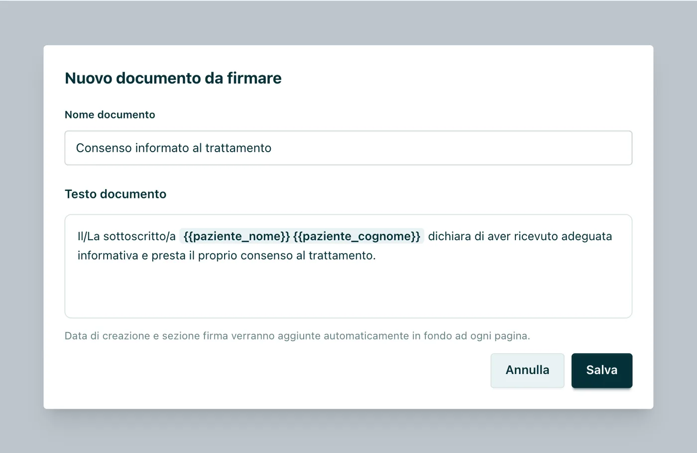 Modello di documento Testo con segnaposto; data e sezione firma sono aggiunte in automatico.