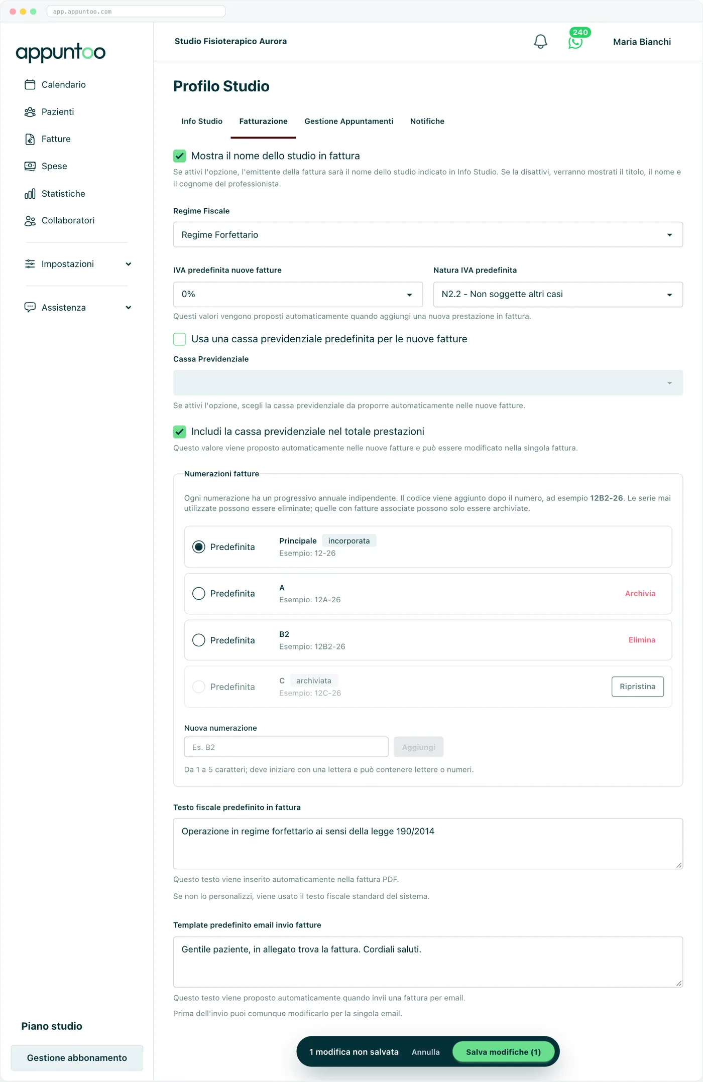 Scheda Fatturazione Mostra il nome dello studio in fattura, regime fiscale, IVA e natura IVA predefinite, cassa previdenziale, numerazioni, testo fiscale e template email; in basso la barra Salva modifiche.