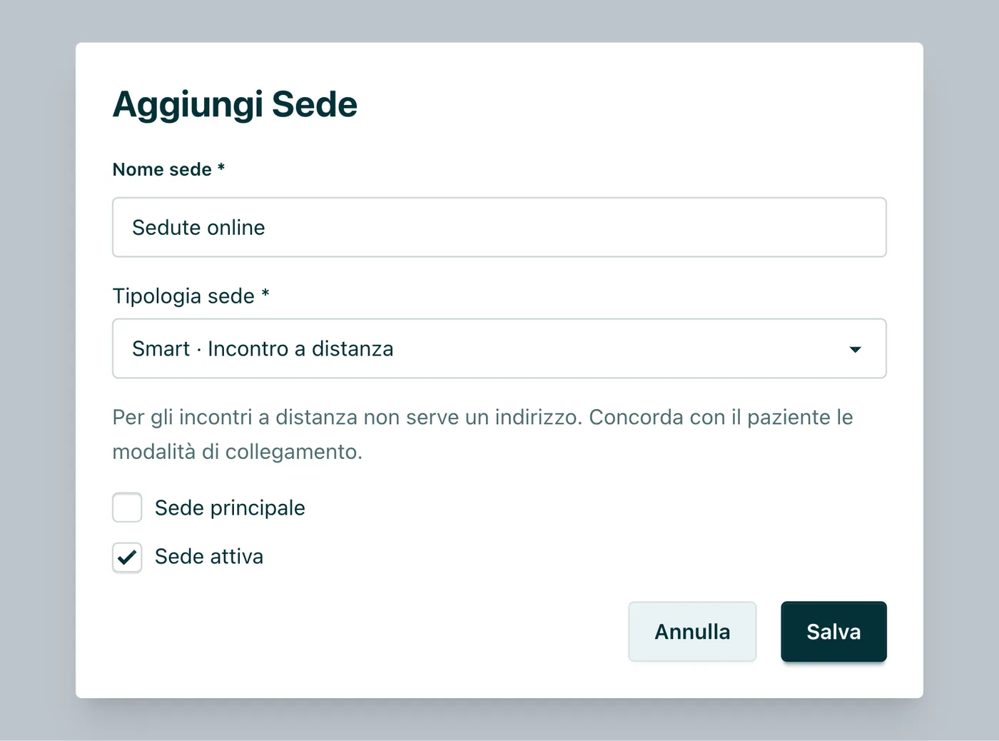 Aggiungi Sede Smart Con la tipologia Smart · Incontro a distanza spariscono indirizzo e città: resta la nota sulle modalità di collegamento da concordare con il paziente.
