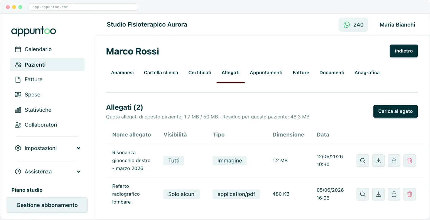 Scheda paziente · Allegati Quota del paziente e tabella con visibilità, tipo, dimensione, data e azioni per ogni file.