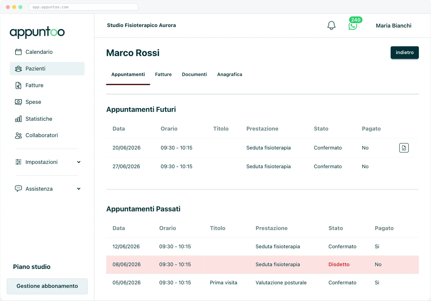 Scheda paziente vista dalla Segreteria Senza il permesso di accesso ai dati clinici restano quattro linguette: Appuntamenti, Fatture, Documenti e Anagrafica.