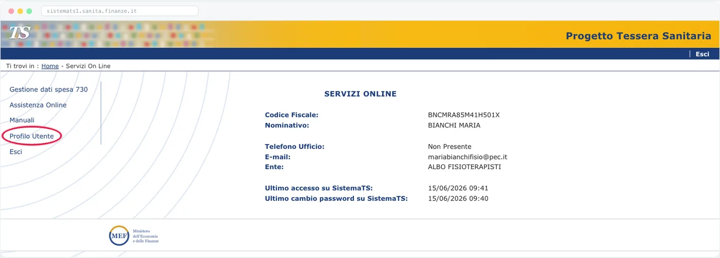 Servizi Online La schermata iniziale dell'area riservata, con i dati dell'account. Nel menu a sinistra, Profilo Utente porta alla sezione con il pincode.