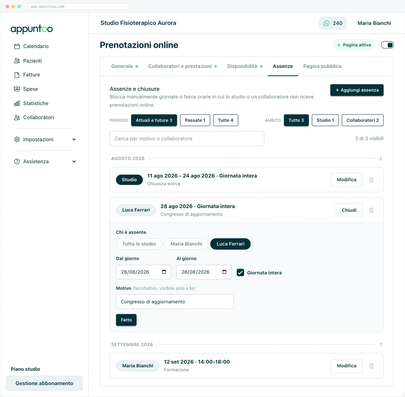 Scheda Assenze Chiusure dello studio e assenze dei collaboratori, con l'editor aperto su un'assenza: chi, periodo, giornata intera e motivo privato.