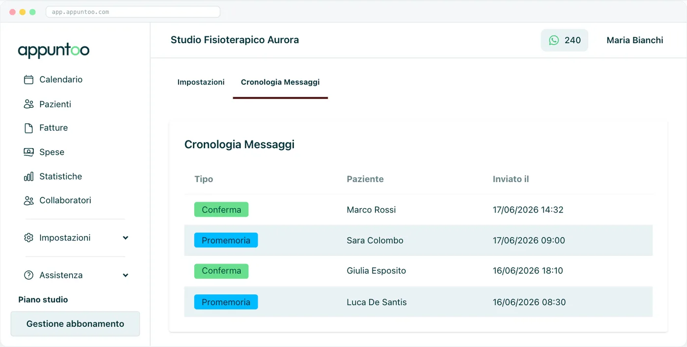 Cronologia Messaggi Tipo (Conferma/Promemoria), paziente e data di invio di ogni messaggio.