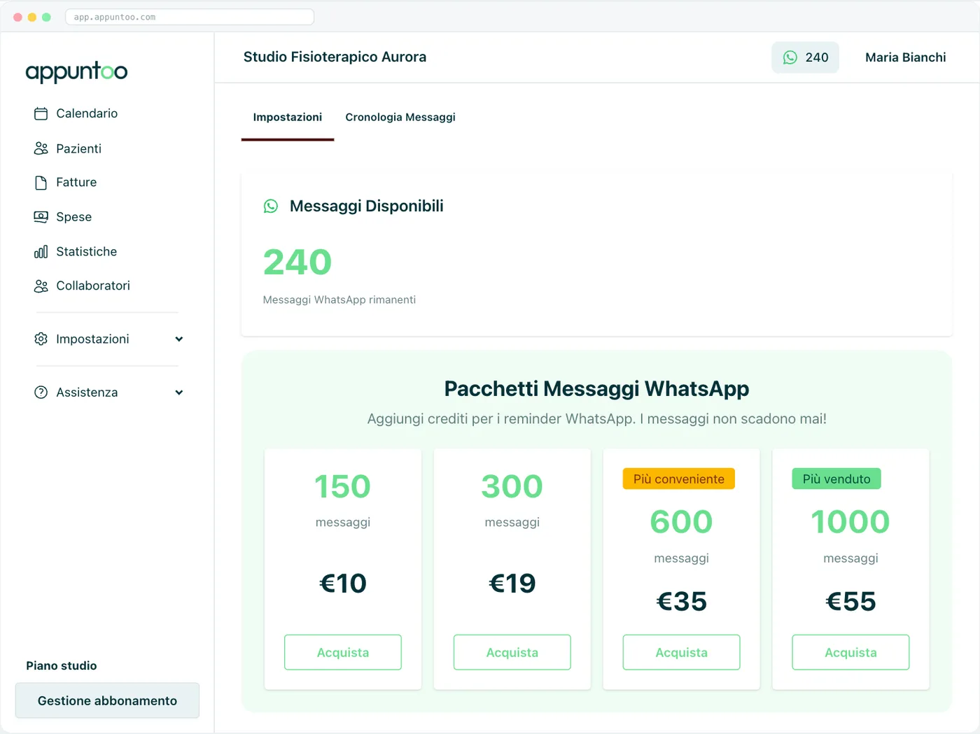 Messaggi · crediti e pacchetti I messaggi disponibili e i pacchetti acquistabili (150, 300, 600, 1000).