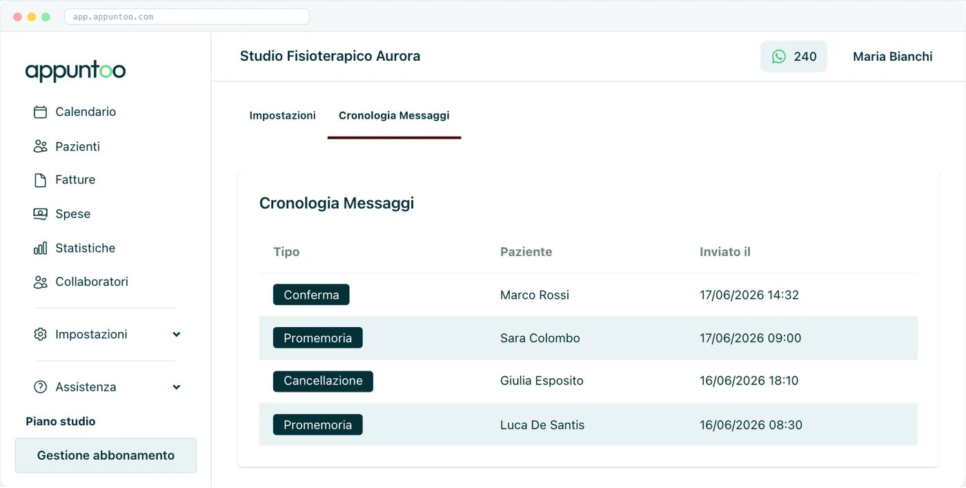Cronologia Messaggi Tipo (Conferma, Promemoria o Cancellazione), paziente e data di invio di ogni messaggio.