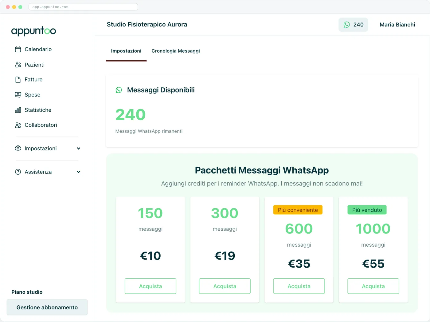 Messaggi · crediti e pacchetti I messaggi WhatsApp disponibili e i pacchetti acquistabili (150, 300, 600, 1000).