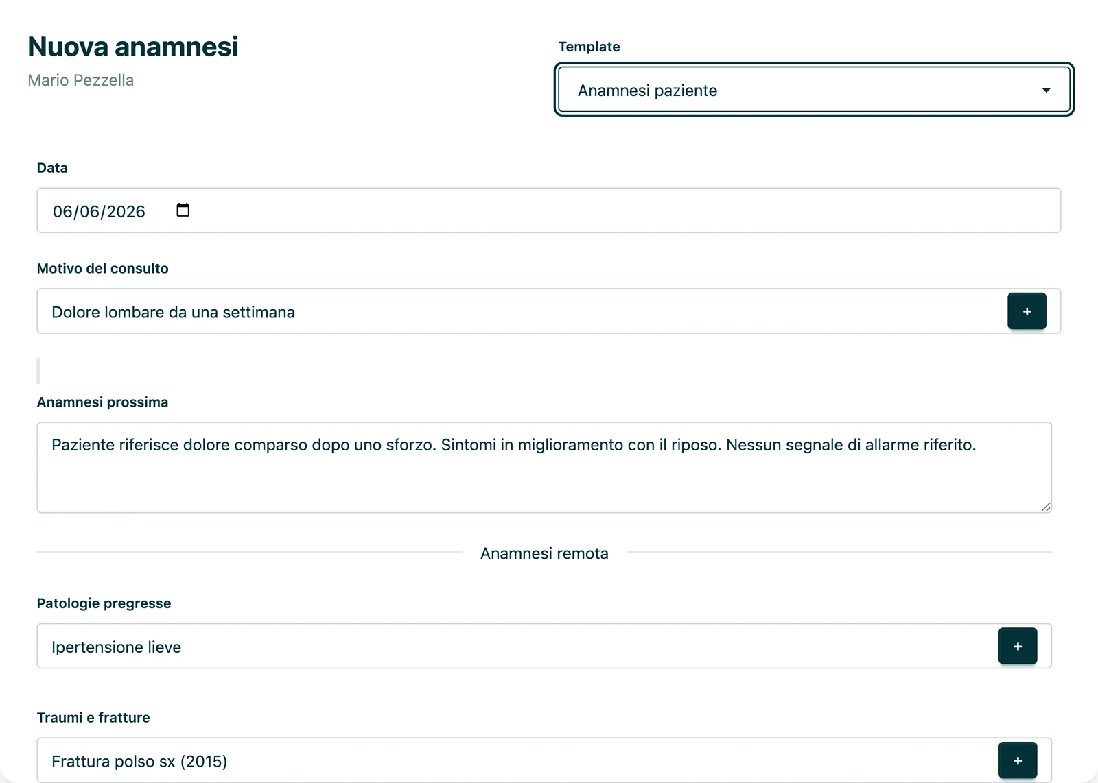 Anamnesi paziente compilata in Appuntoo, con motivo del consulto, anamnesi prossima e patologie pregresse