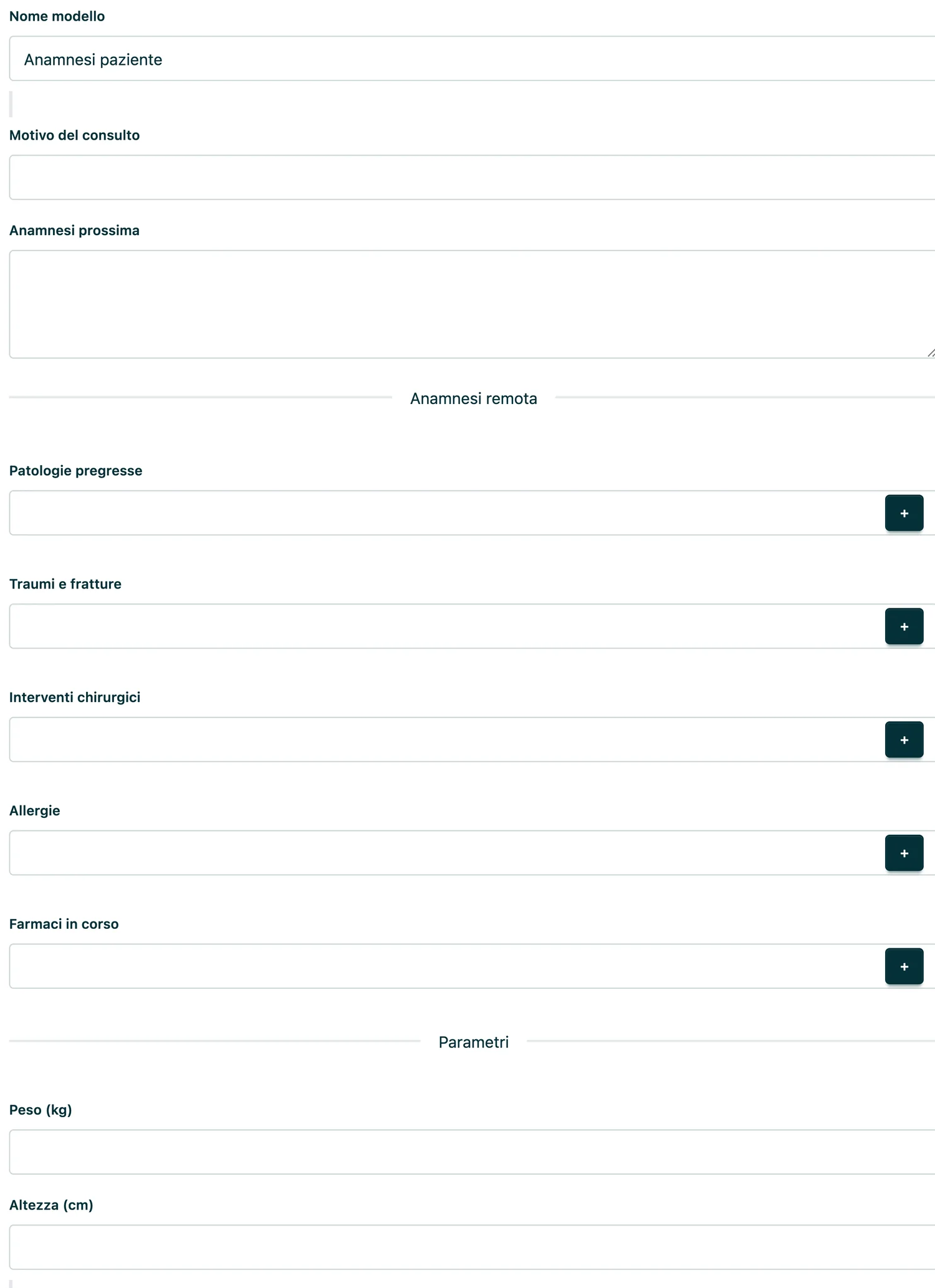 Costruttore di anamnesi di Appuntoo con campi di tipo diverso: input di testo, input multiplo e divisori per organizzare la scheda in sezioni