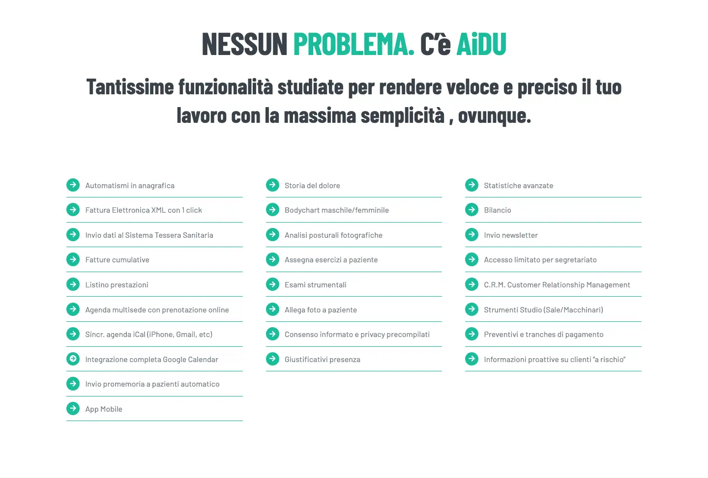 Elenco delle funzionalità di AiDU: fattura elettronica XML, invio dati al Sistema TS, agenda multisede con prenotazione online, bodychart, analisi posturali fotografiche, esercizi, newsletter e strumenti per lo studio