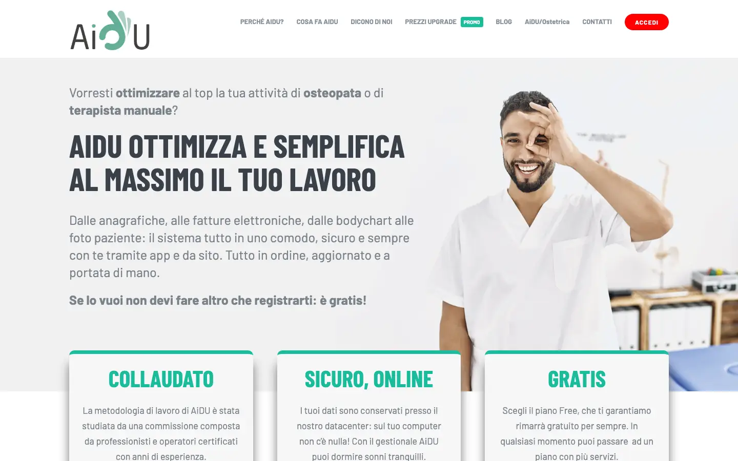 Homepage di AiDU con il messaggio «AiDU ottimizza e semplifica al massimo il tuo lavoro» rivolto agli osteopati e ai terapisti manuali