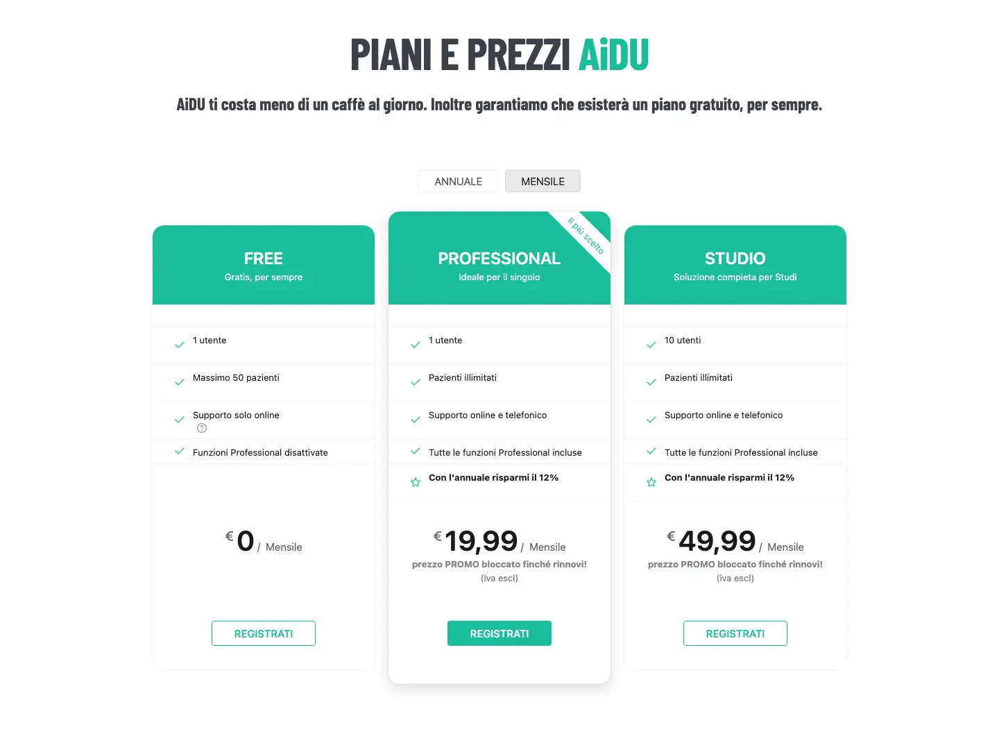 Listino di AiDU con i piani Free, Professional e Studio nella modalità di pagamento mensile