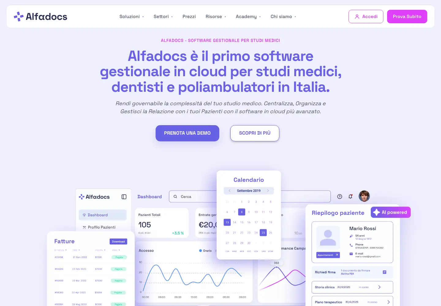 Homepage di AlfaDocs con il messaggio di presentazione del gestionale cloud per studi medici, dentisti e poliambulatori