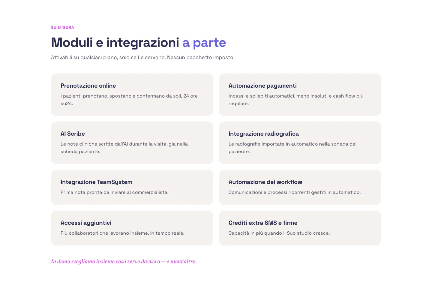 Sezione «Moduli e integrazioni a parte» della pagina prezzi di AlfaDocs con otto moduli attivabili su qualsiasi piano
