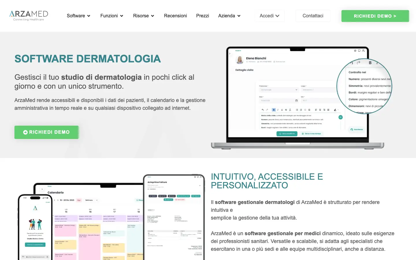 Pagina di ArzaMed dedicata al software per dermatologia, con la scheda di una visita di controllo dei nei