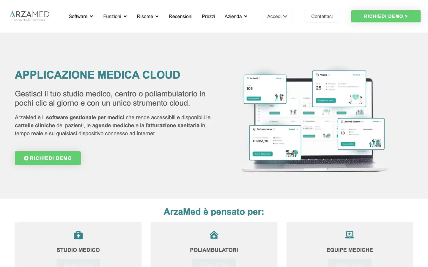Homepage ArzaMed con presentazione del gestionale medico cloud