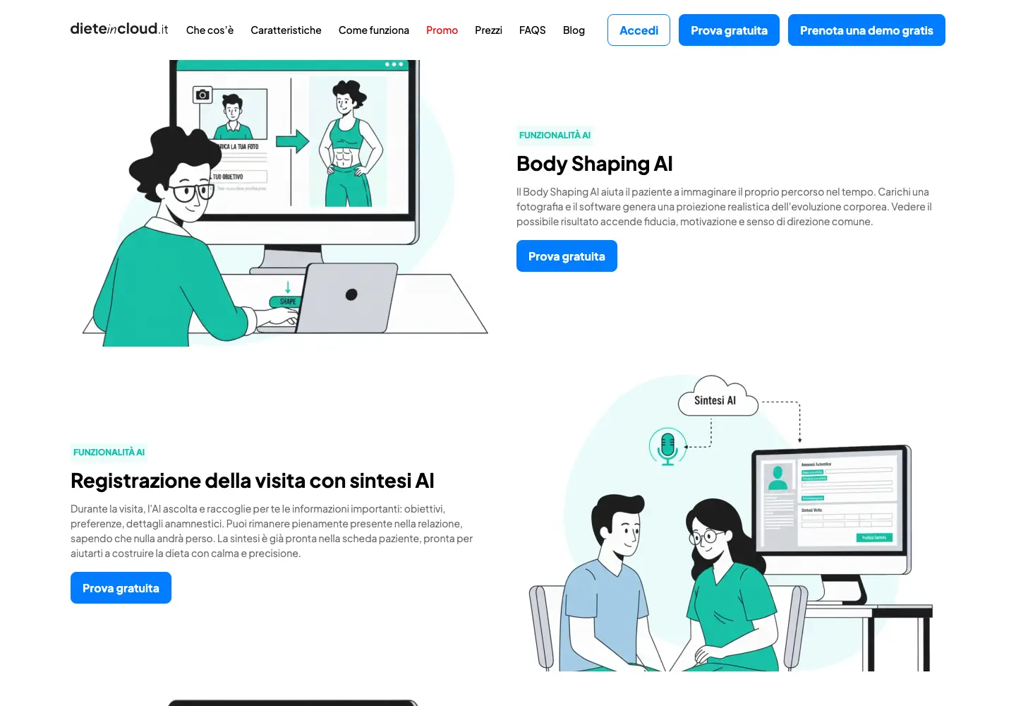 Sezioni Body Shaping AI e Registrazione della visita con sintesi AI nella pagina delle funzionalità di DieteInCloud