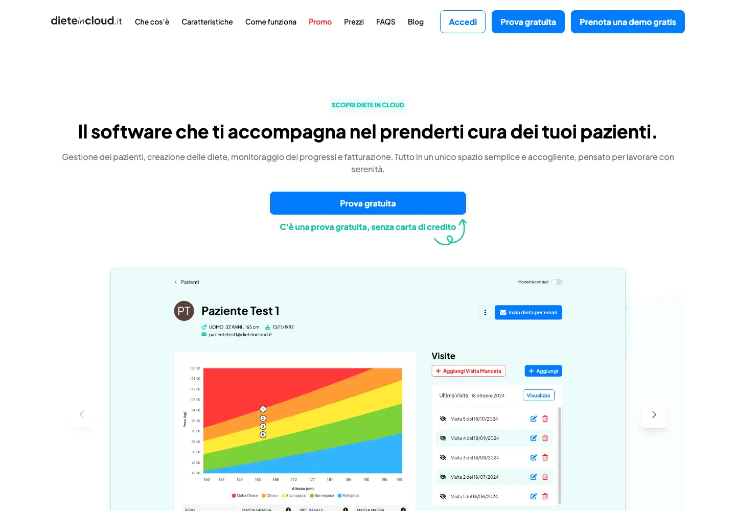 Homepage di DieteInCloud con la presentazione del software e una scheda paziente dimostrativa