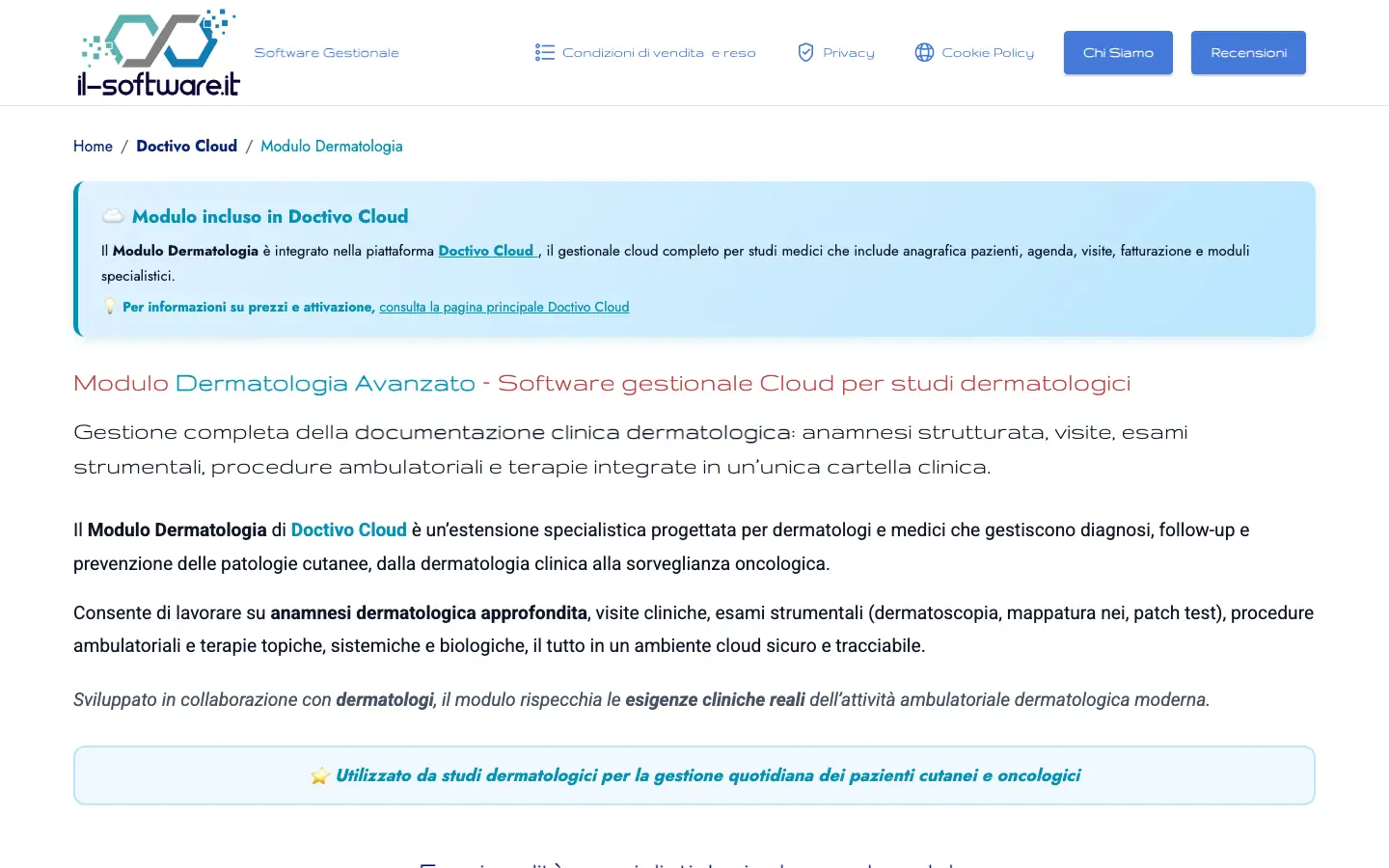 Pagina del Modulo Dermatologia di Doctivo Cloud sul sito il-software.it