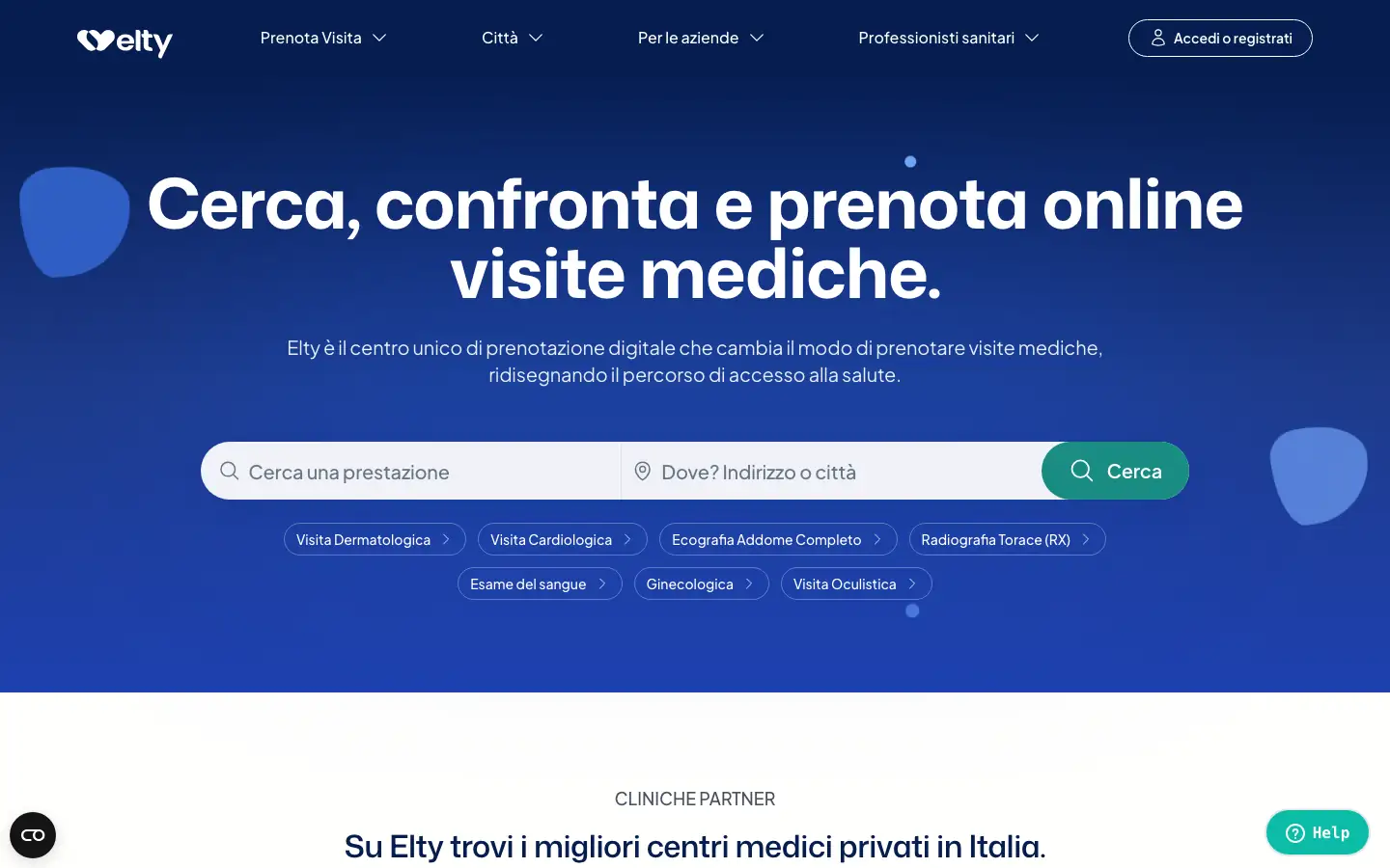 Homepage di Elty con il messaggio «Cerca, confronta e prenota online visite mediche» e la ricerca per prestazione e città