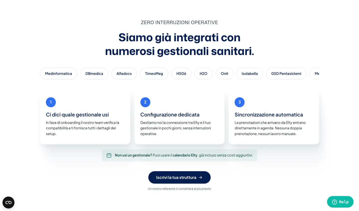 Sezione della pagina per le strutture di Elty con l'elenco dei gestionali integrati e il calendario Elty per chi non usa un gestionale