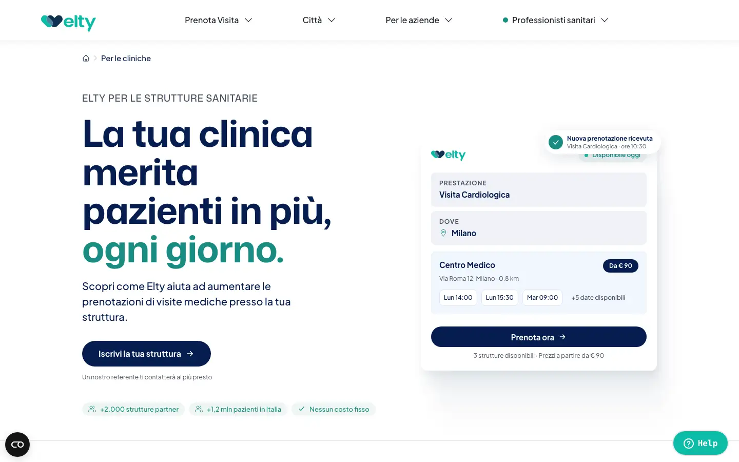 Pagina «Per le cliniche» di Elty con il messaggio rivolto alle strutture sanitarie e i badge «+2.000 strutture partner» e «Nessun costo fisso»