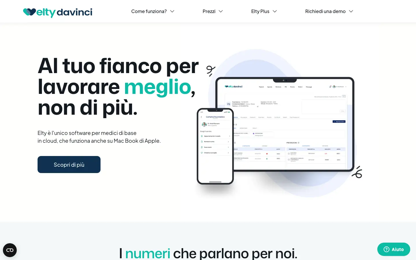 Homepage del software per medici di base Elty DaVinci con il messaggio «Al tuo fianco per lavorare meglio, non di più»