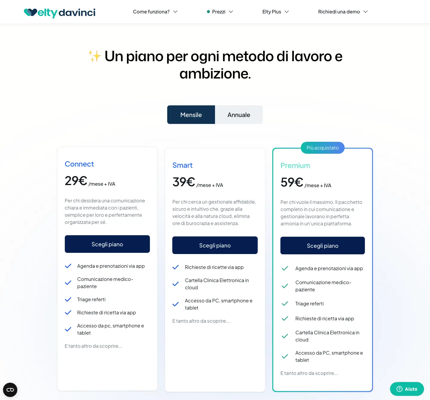Pagina prezzi di Elty DaVinci con i piani Connect a 29 euro, Smart a 39 euro e Premium a 59 euro al mese più IVA