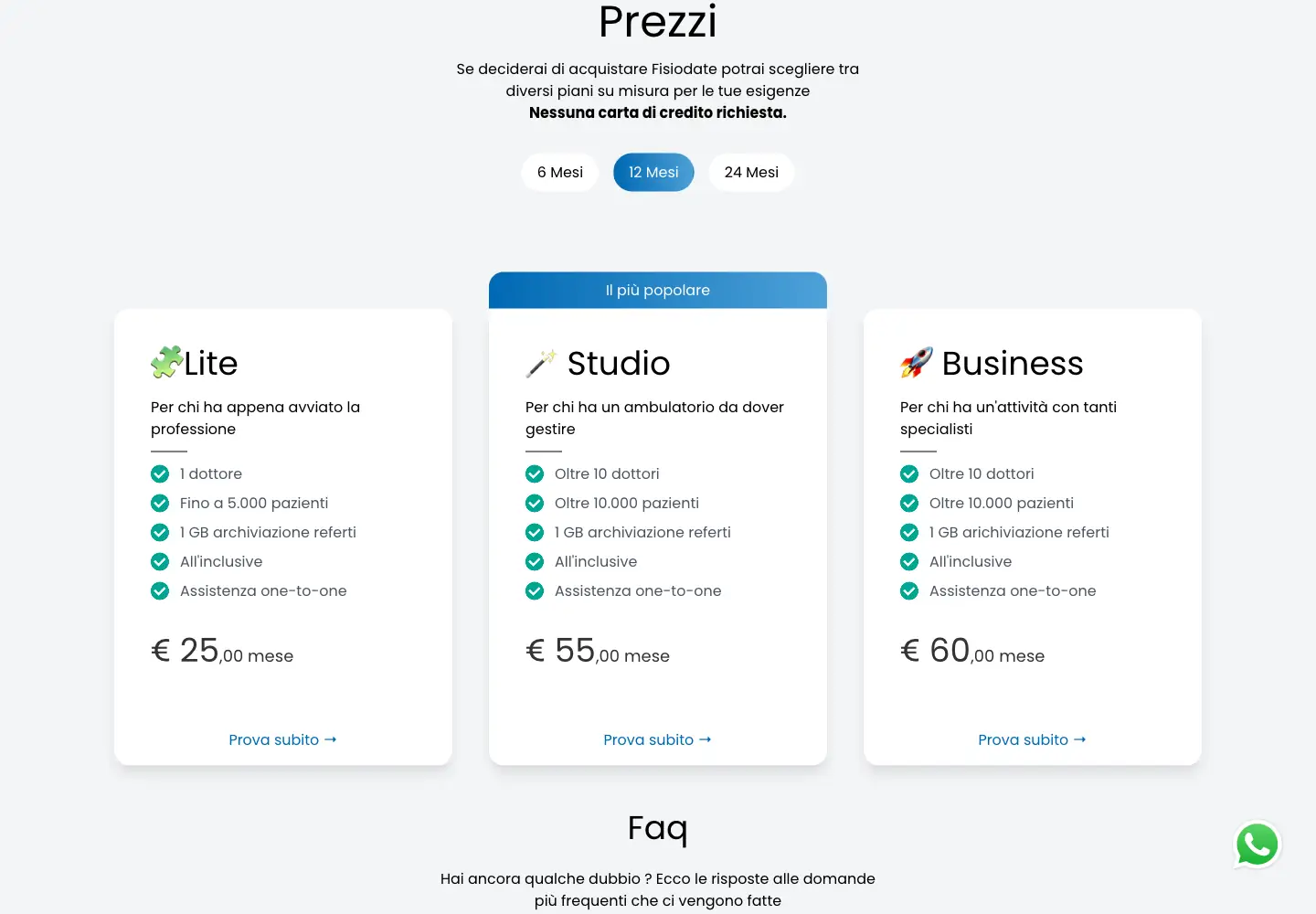 Prezzi pubblici FisioDate con i piani Lite, Studio e Business